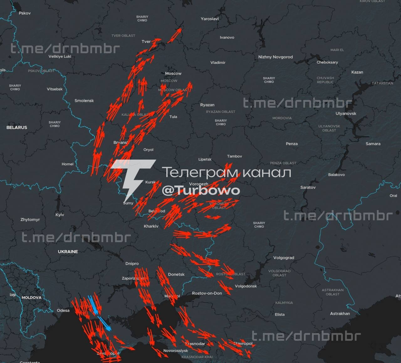 Масові запуски дронів фіксують у напрямку Москви та інших регіонів Росії