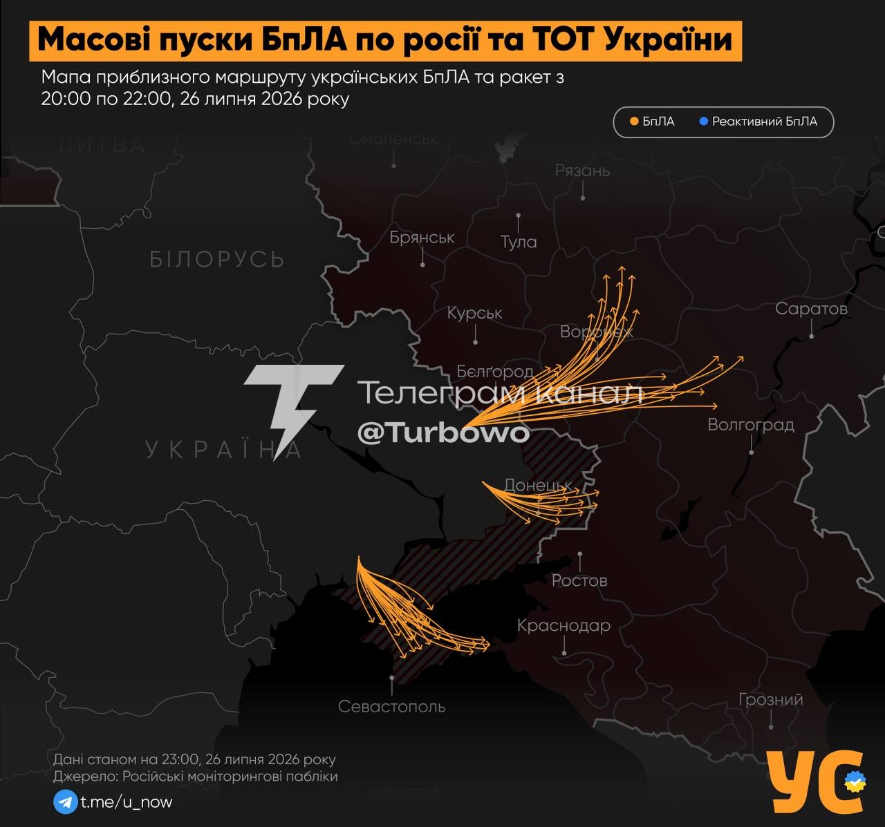 Близько 250 українських БпЛА прямують до росії, ТОТ Донбасу та Криму, — мапа «УС»
